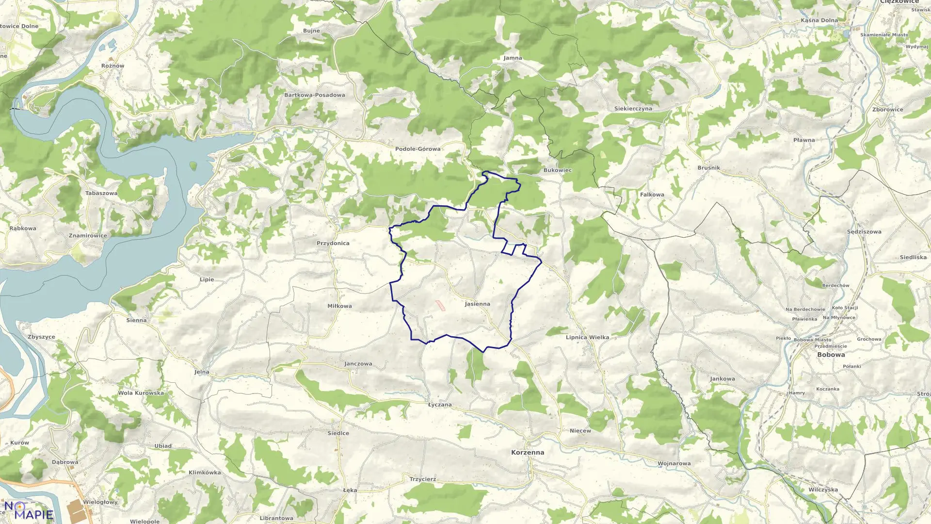 Mapa obrębu Jasienna w gminie Korzenna