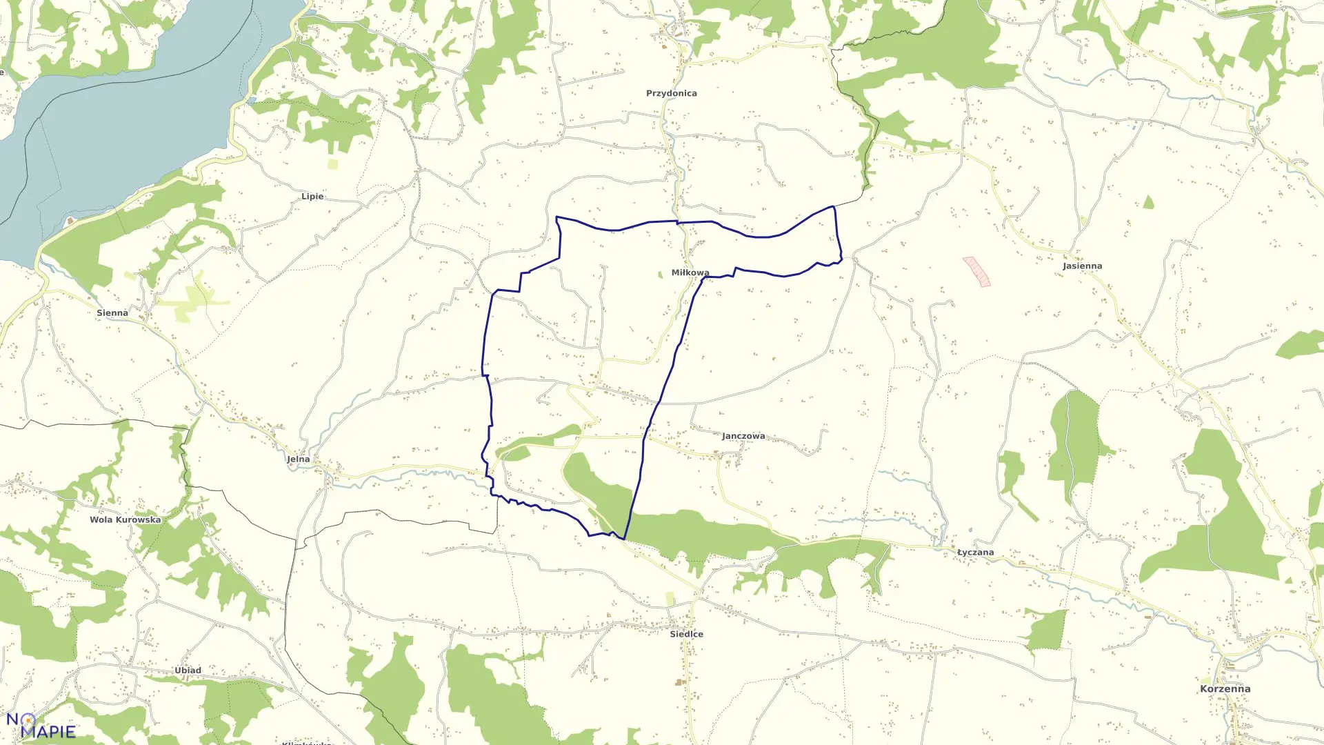 Mapa obrębu Miłkowa w gminie Korzenna