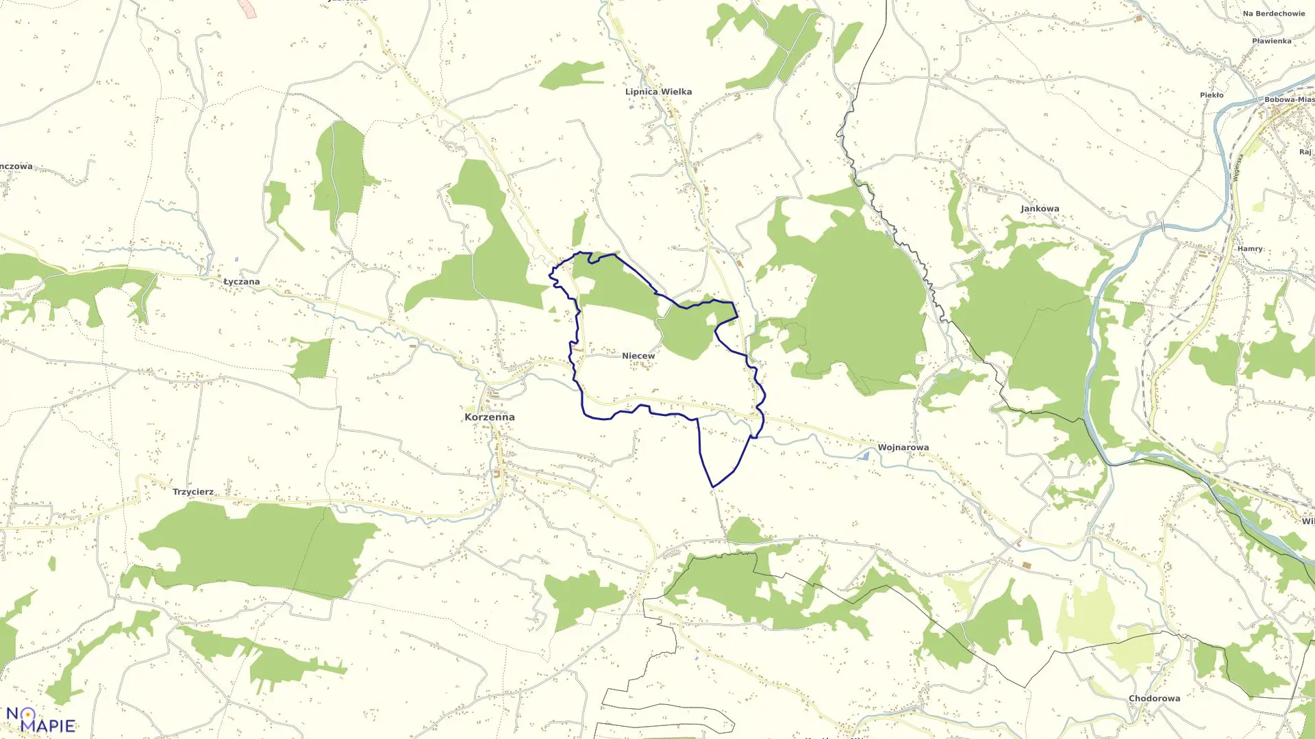 Mapa obrębu Niecew w gminie Korzenna