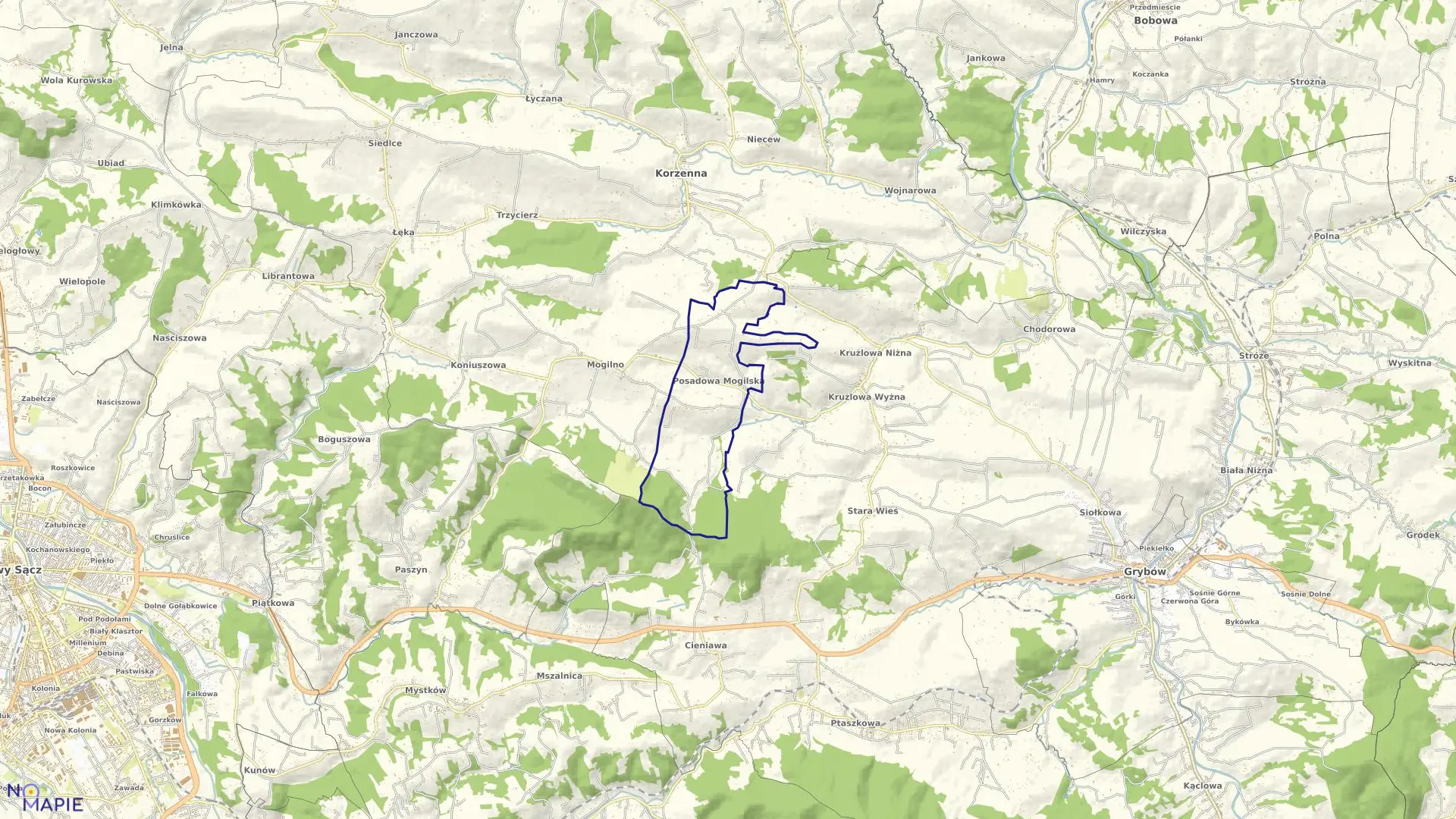 Mapa obrębu Posadowa Mogilska w gminie Korzenna